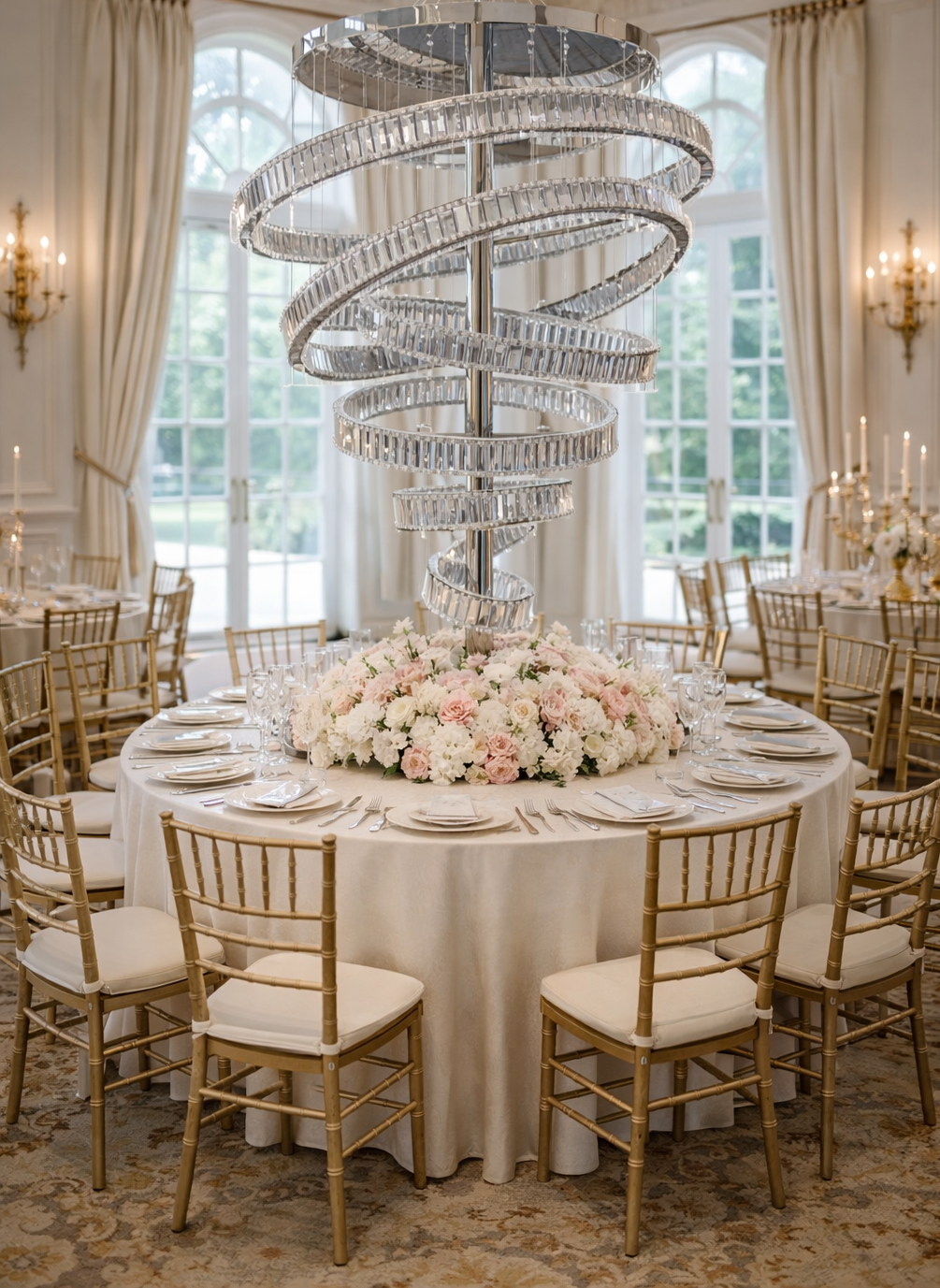 Five-layer crystal rings with lights base 24,   and 65 inches in height.