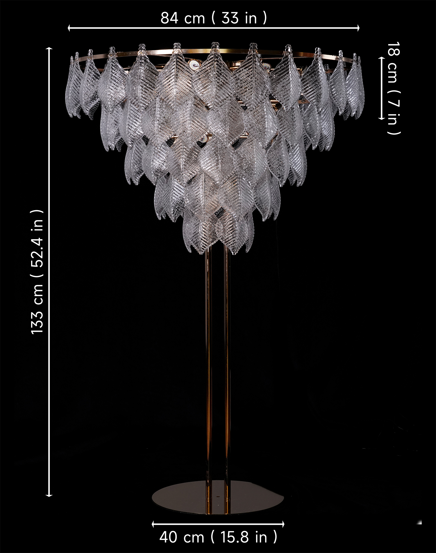 Five-level crown featuring leaf-shaped crystal leaves, complete with lighting.
